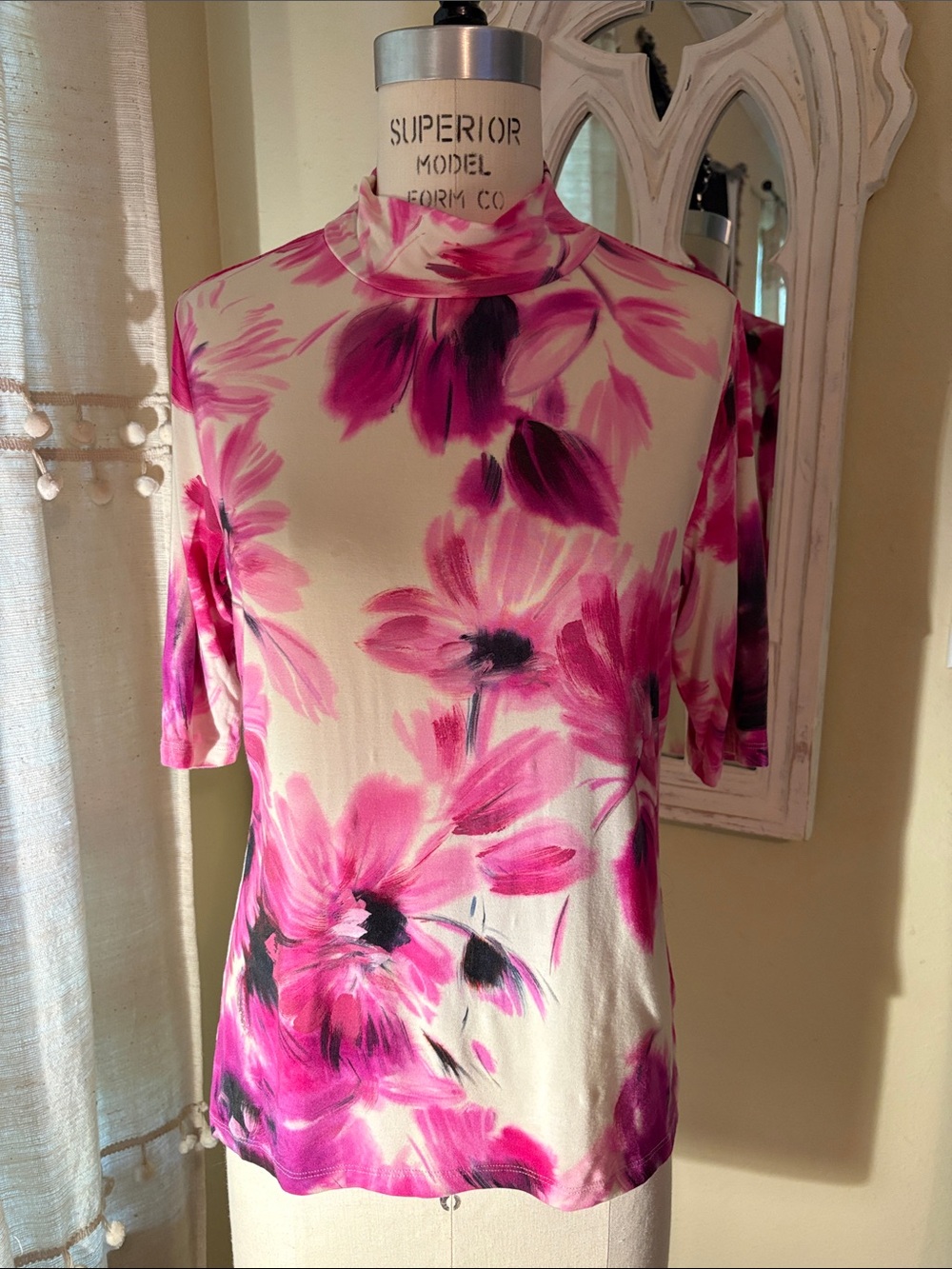 Johnny Was Cream Tee with Pink & Magenta Floral Brushstrokes